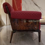 Cream & Red Leather Sofa Set with Diamond Quilted Craftsmanship, Natural Burl Wood Veneer & Gold Stainless Steel Trim